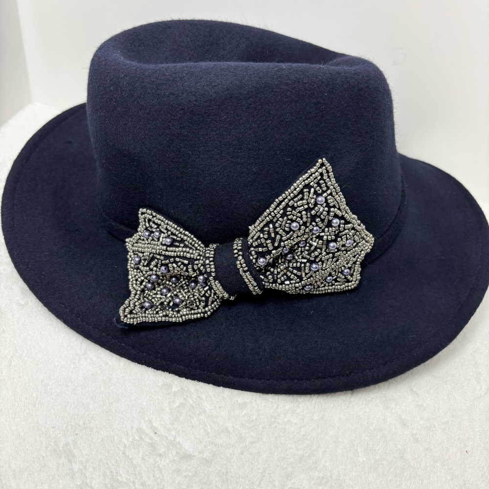 Something Special Elegant Navy Hat with Beaded Bow 100% wool felt